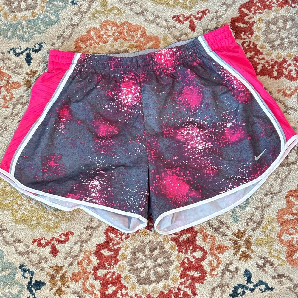 Nike Women's Pink and Black Splatter Athletic Shorts